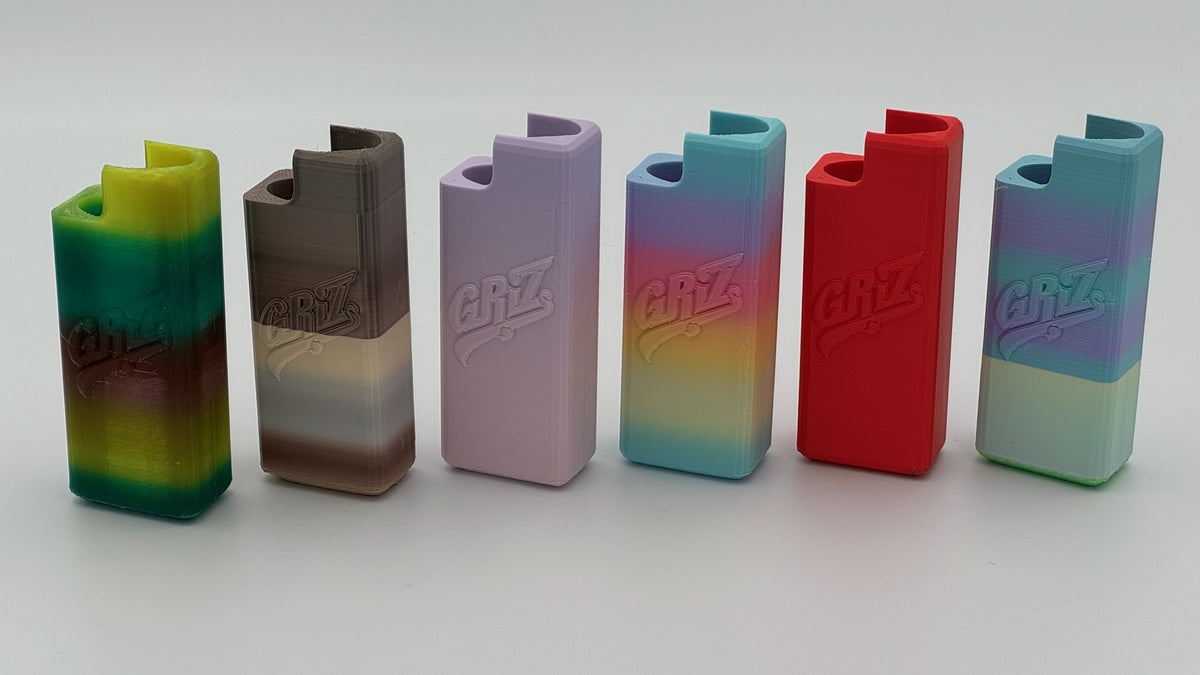 Set of six GRIZ 3D printed lighter cases in assorted colors