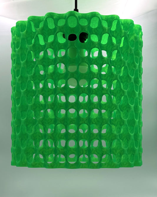 Neon green Alien Waffle 3D printed pendant lamp with wavy lattice shade