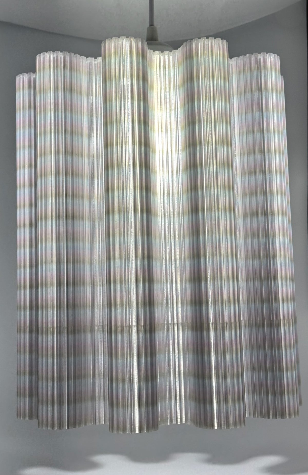 Gray metallic Architecture 3D printed pendant lamp with fluted iridescent shade