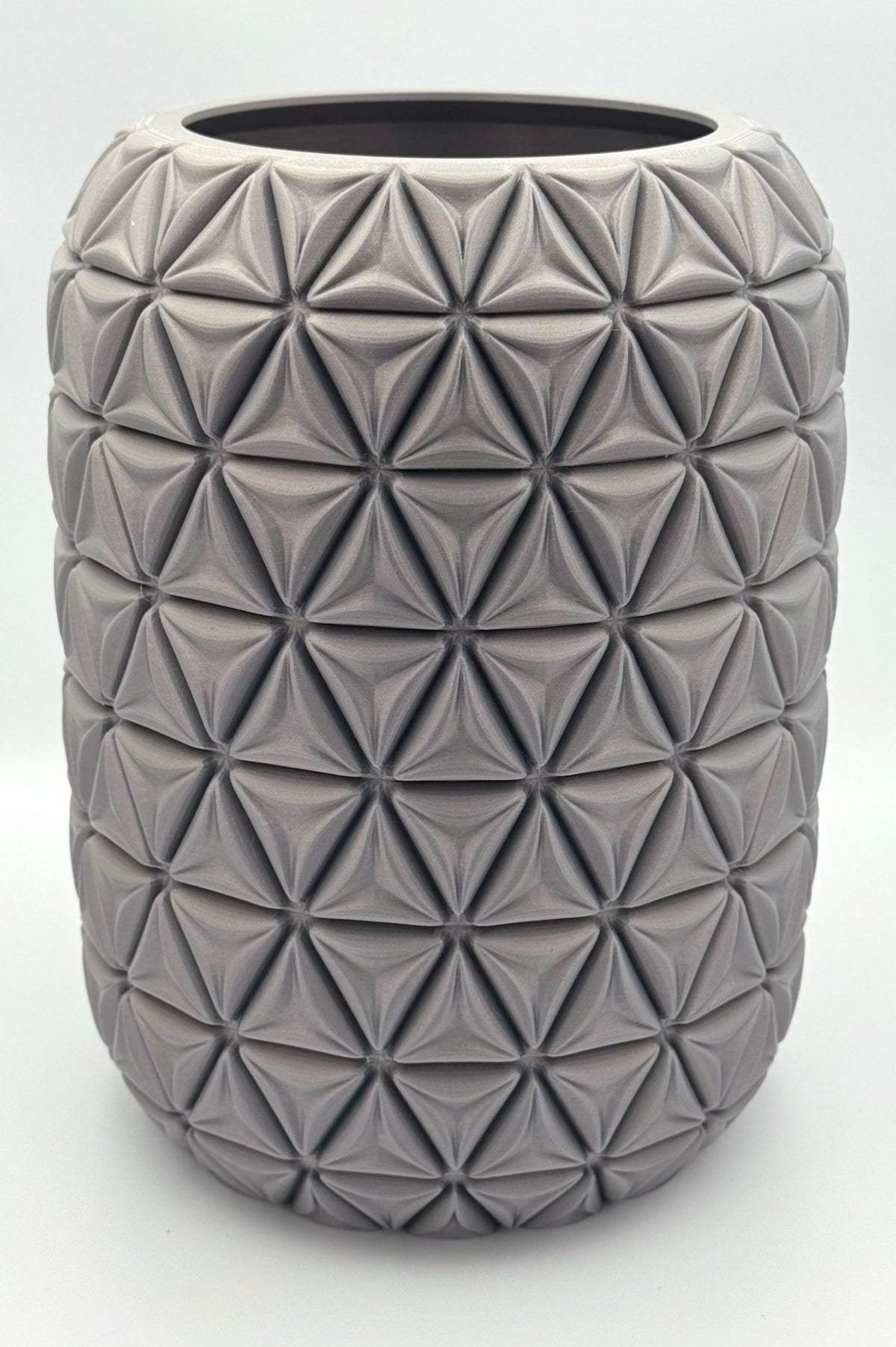Gray Infinite Triangle 3D printed pot with geometric triangle pattern