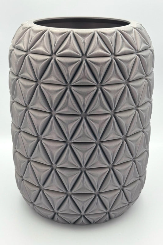 Gray Infinite Triangle 3D printed pot with geometric triangle pattern