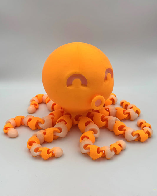 Neon orange Kraken 3D printed octopus totem with two-tone tentacles