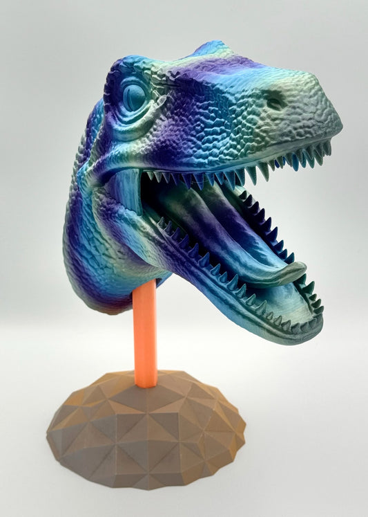 Rainbow RaptorX 3D printed raptor head totem in color-shifting teal and violet