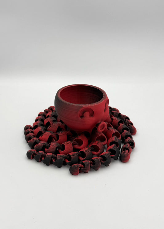Red Bowl Kraken 3D printed octopus totem with red and black tentacles
