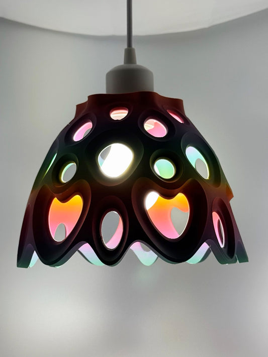 Retro Love Hearts 3D printed pendant lamp glowing with heart-shaped cutouts