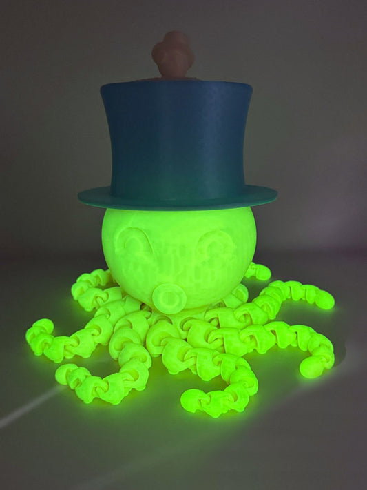 Glow green Top Hat Kraken 3D printed octopus totem wearing a top hat