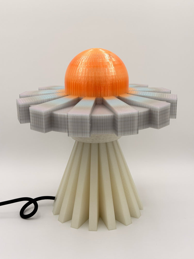 Tangerine and silver 3D printed UFO lamp with orange dome, silver saucer and cream pleated base