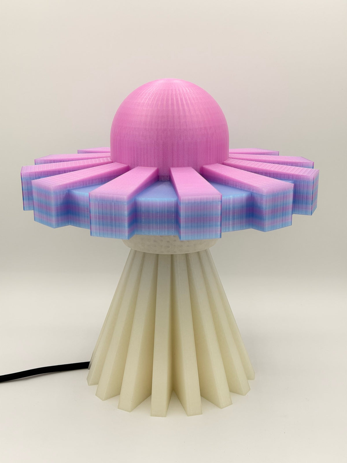Hot pink and lavender 3D printed UFO lamp with pink dome, lavender saucer and cream base, lamp off