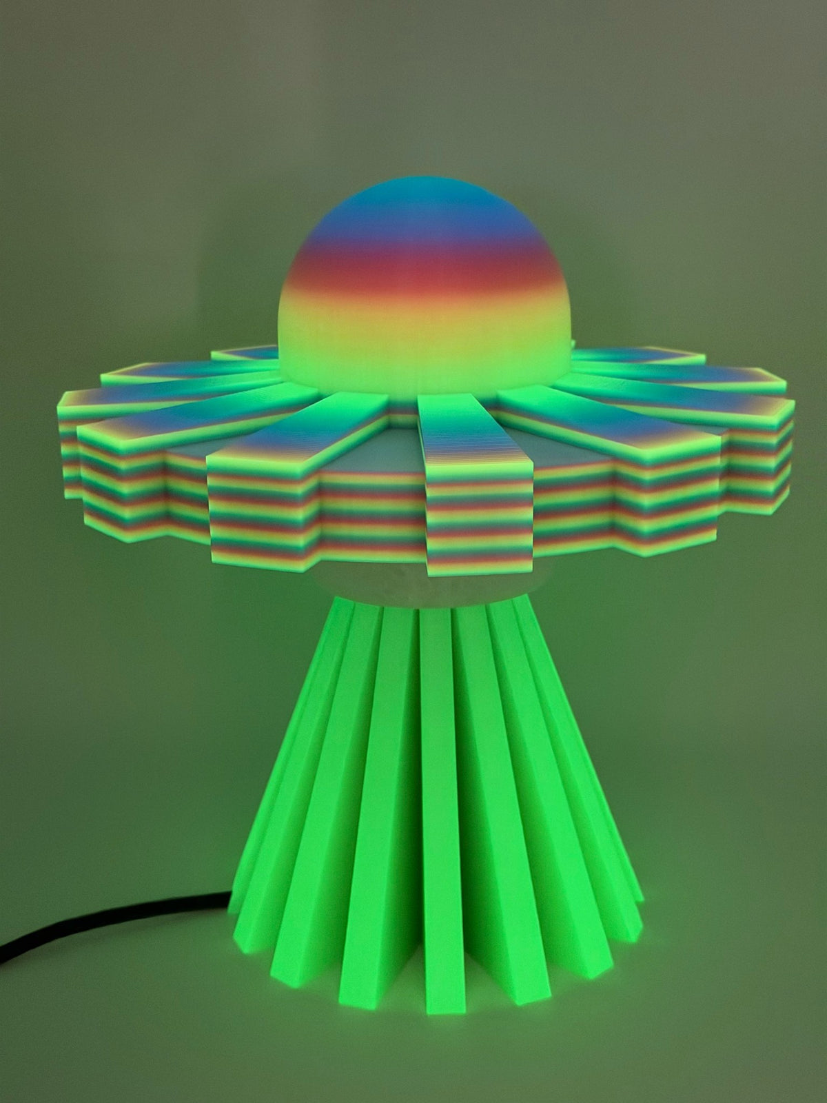 Rainbow and green 3D printed UFO lamp with rainbow dome, rainbow layered saucer and green base
