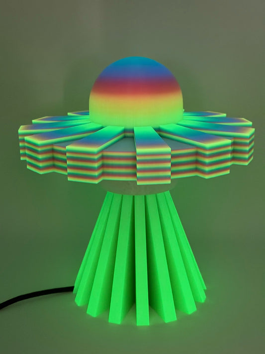 Rainbow and green 3D printed UFO lamp with rainbow dome, rainbow layered saucer and green base