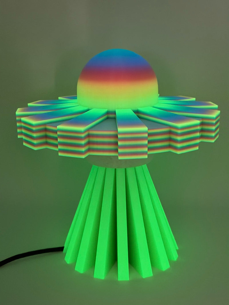 Rainbow and green 3D printed UFO lamp with rainbow dome, rainbow layered saucer and green base