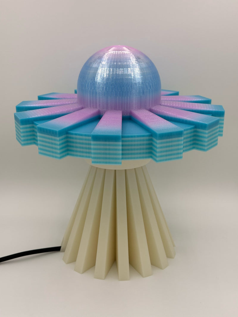 Cotton candy and cream 3D printed UFO lamp with blue-to-pink dome, turquoise saucer and cream base